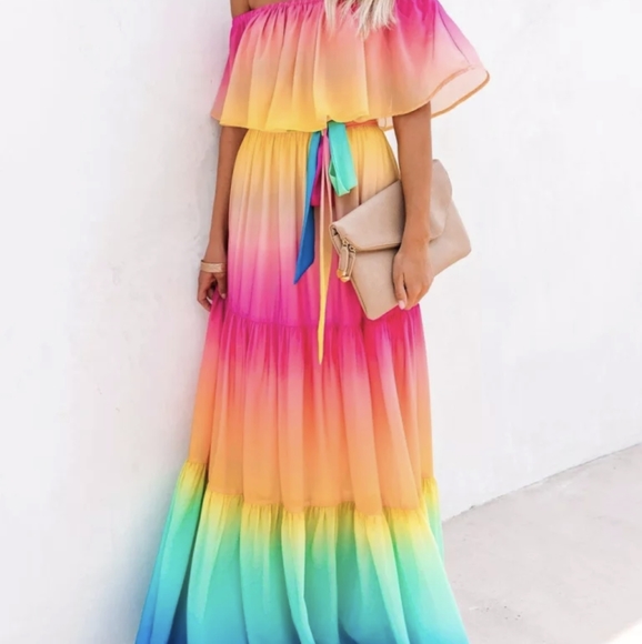NWT Rainbow Ombre Boho Maxi Summer Dress S: Sm-Med - Picture 4 of 13